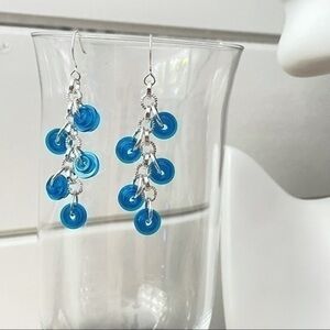 2/$29 Handmade Lego Blue Silver Dangle Earring Upcycled Textured Chain